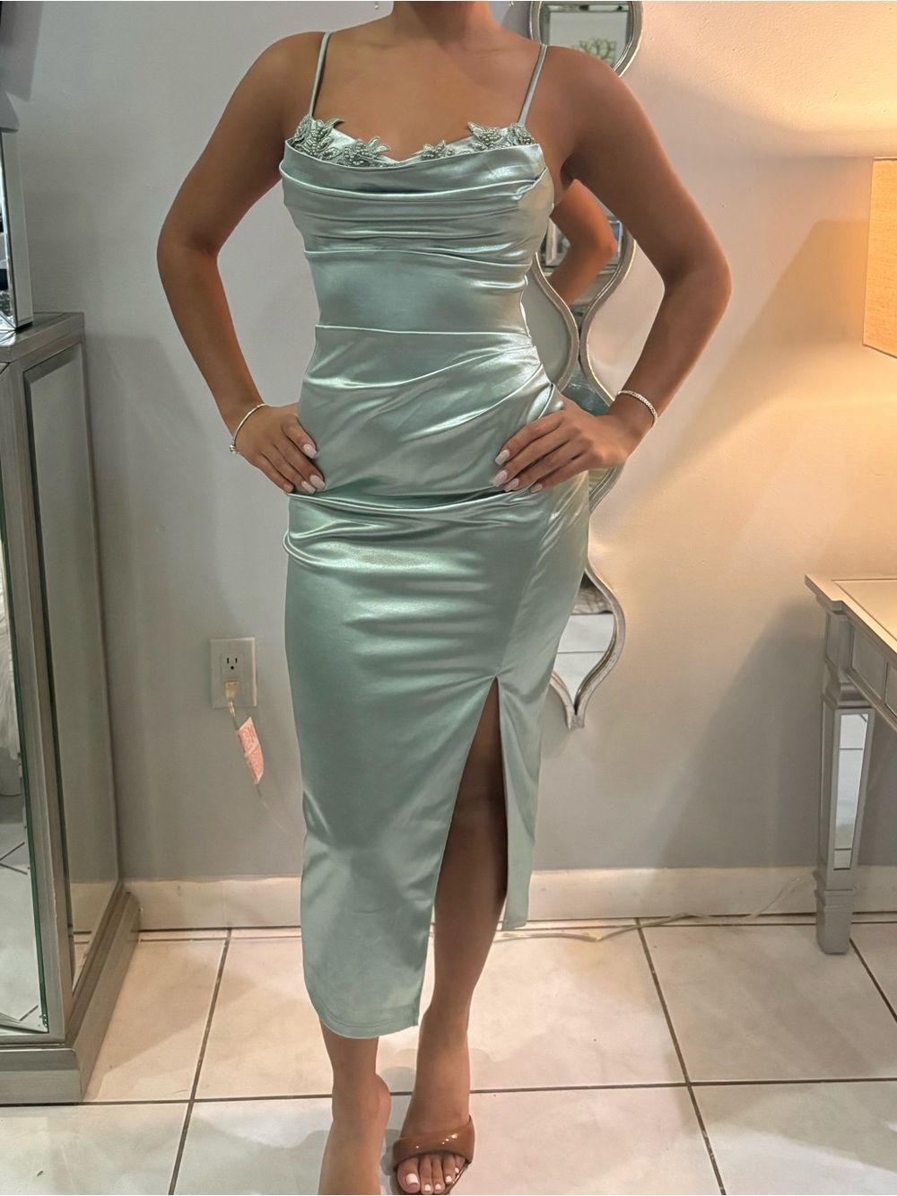 Mint Green Satin Cowl Midi Dress with beaded appliqué detail